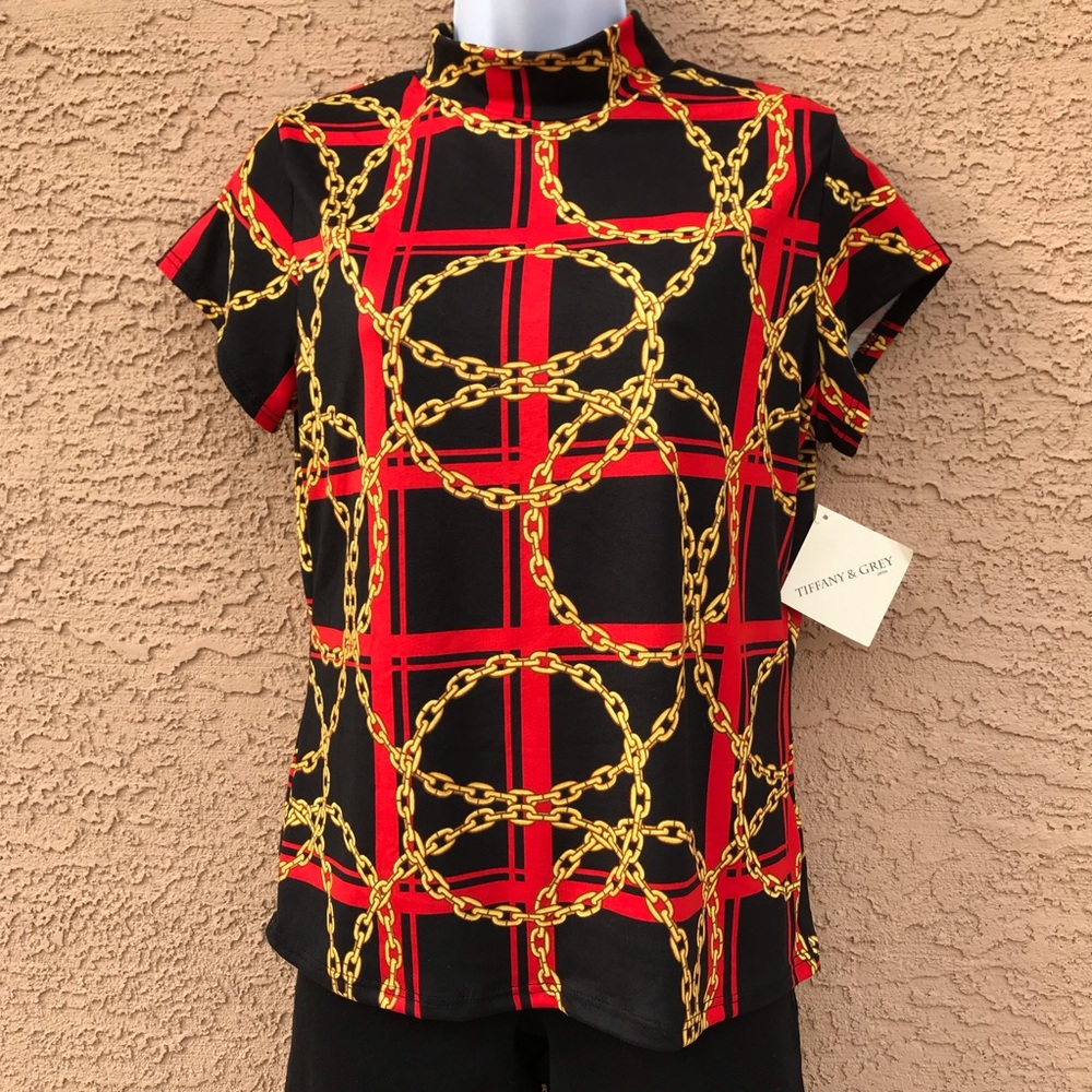 NWT Black and Red Top With Gold Chain Design